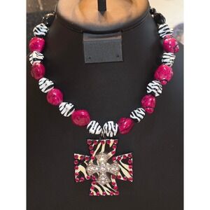 Pink Beaded Statement Necklace‎ Ornate Zebra Cross Pendant Chunky Multi Strand